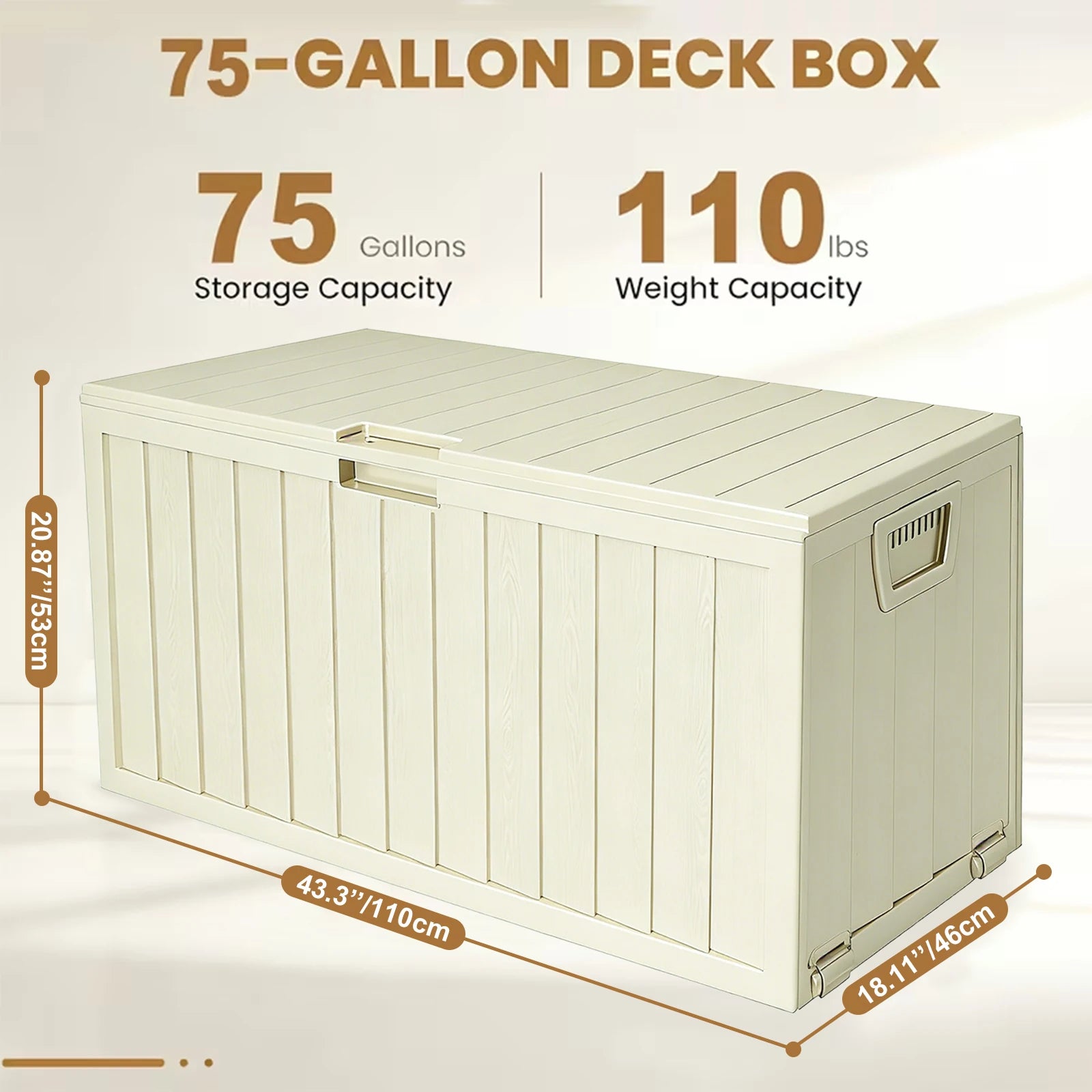 75 Gallon Resin Outdoor Storage Box Waterproof Deck Box,Waterproof Outdoor Storage Box with Bottom Pulleys, for Patio Furniture