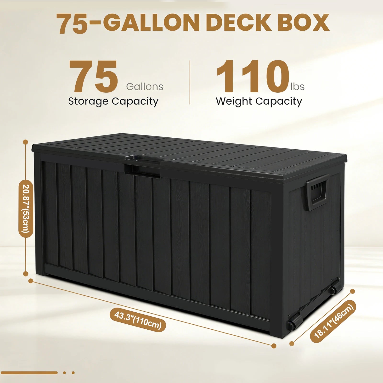 75 Gallon Resin Outdoor Storage Box Waterproof Deck Box,Waterproof Outdoor Storage Box with Bottom Pulleys, for Patio Furniture