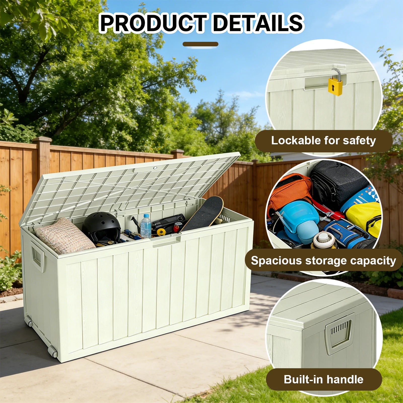 75 Gallon Resin Outdoor Storage Box Waterproof Deck Box,Waterproof Outdoor Storage Box with Bottom Pulleys, for Patio Furniture