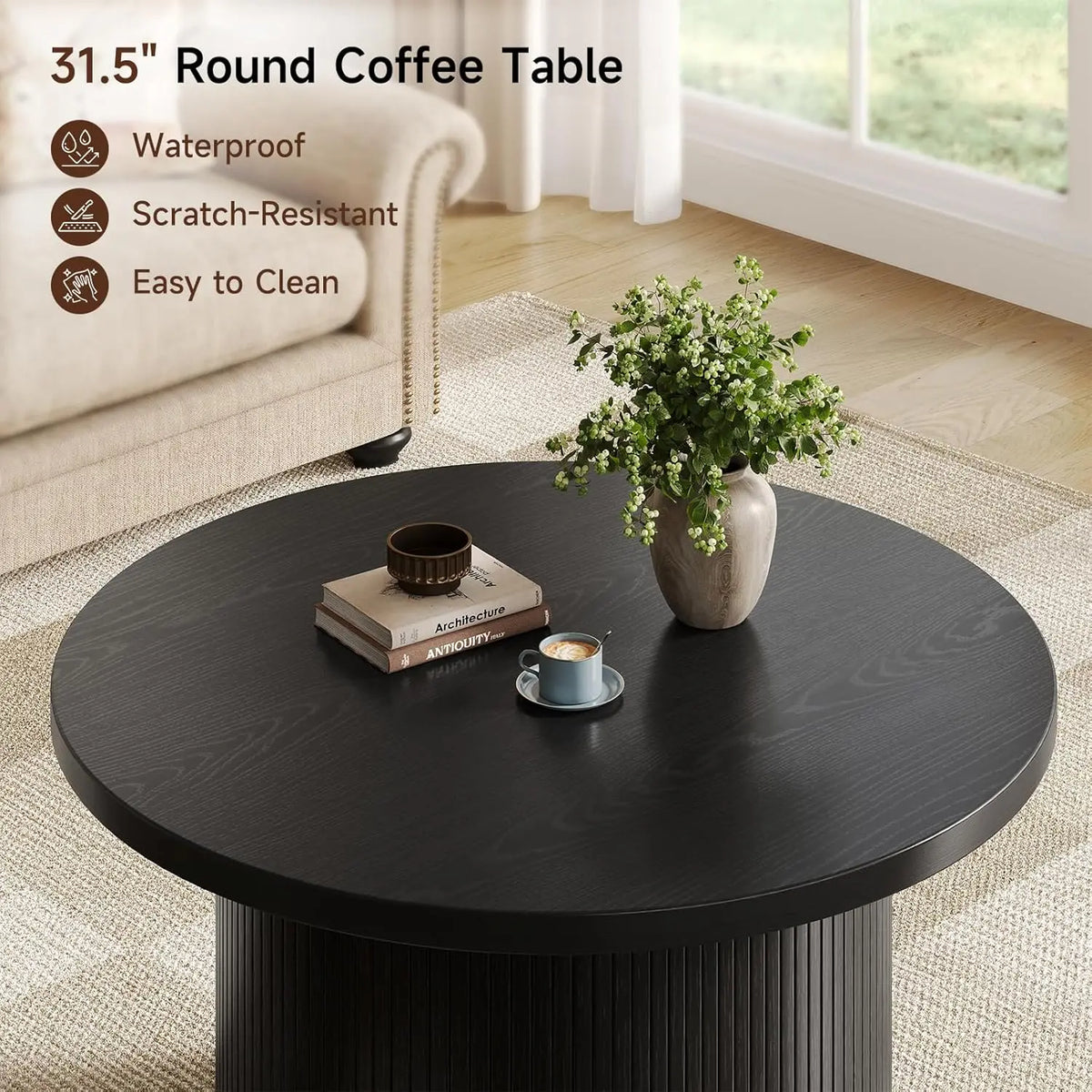 ONBRILL Modern Round Coffee Table With Fluted Tambour Drum Design