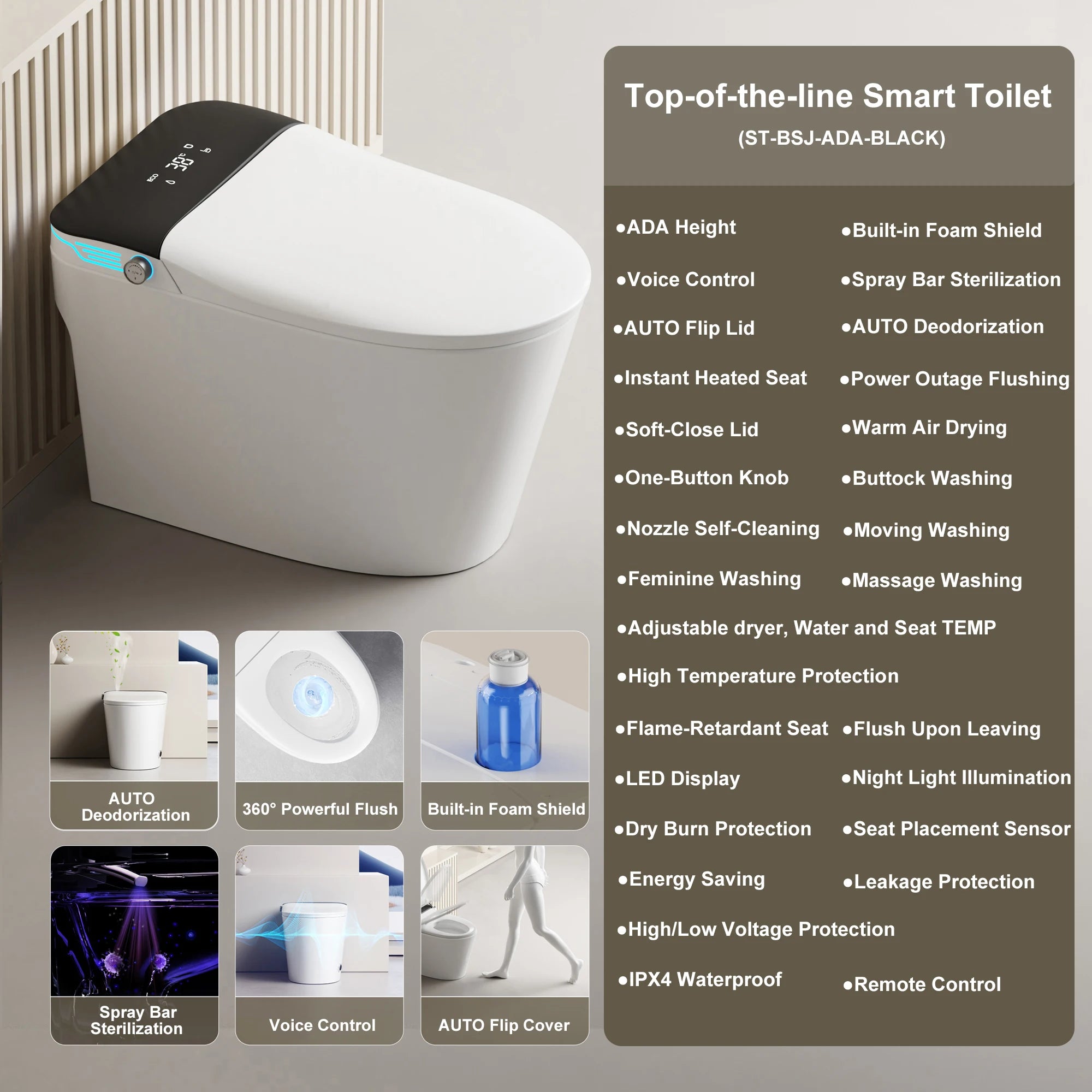 Elongated Smart Toilet with Bidet Built in, Foam Dispenser, Voice Control, One-Piece Bidet Toilet with Warm Water and Dryer