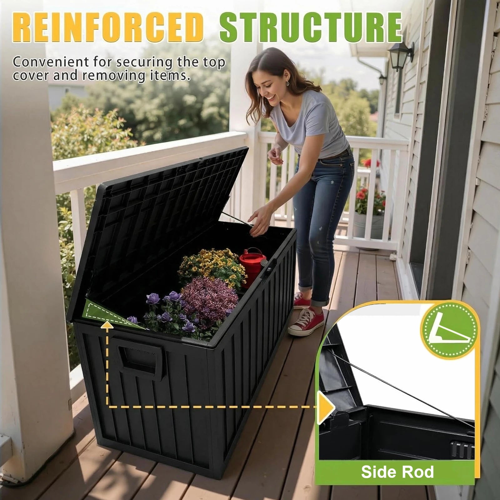 75 Gallon Resin Outdoor Storage Box Waterproof Deck Box,Waterproof Outdoor Storage Box with Bottom Pulleys, for Patio Furniture
