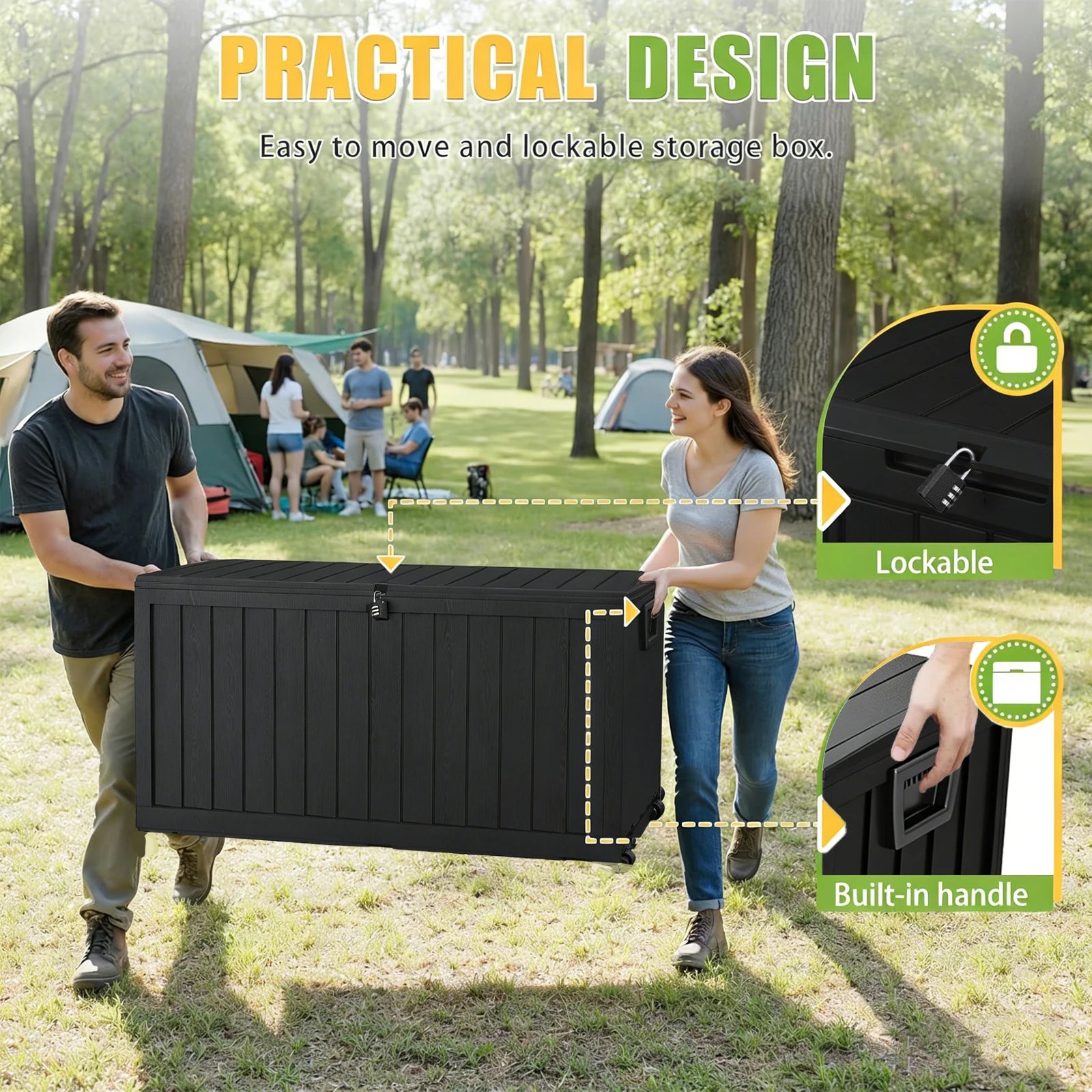 75 Gallon Resin Outdoor Storage Box Waterproof Deck Box,Waterproof Outdoor Storage Box with Bottom Pulleys, for Patio Furniture