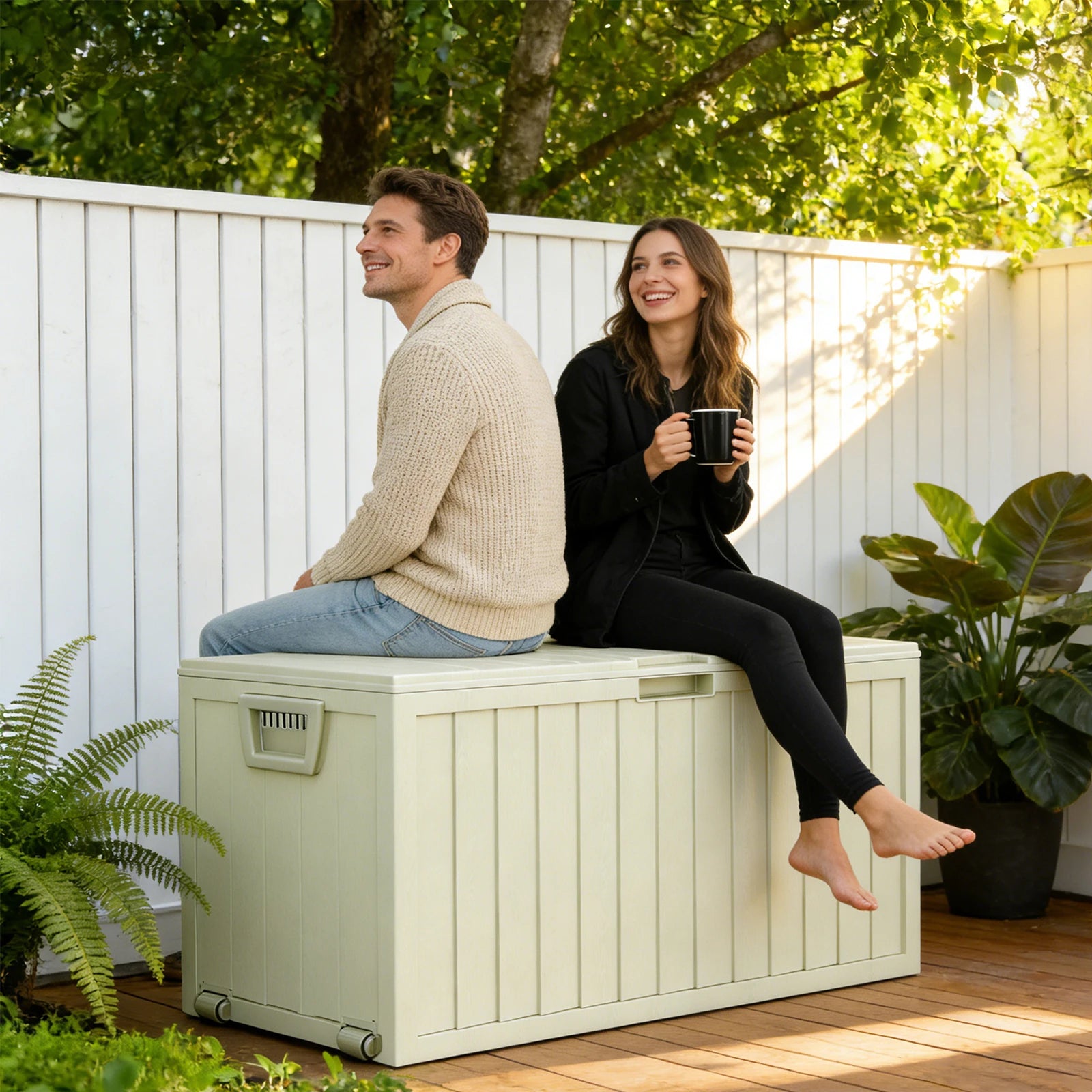 75 Gallon Resin Outdoor Storage Box Waterproof Deck Box,Waterproof Outdoor Storage Box with Bottom Pulleys, for Patio Furniture