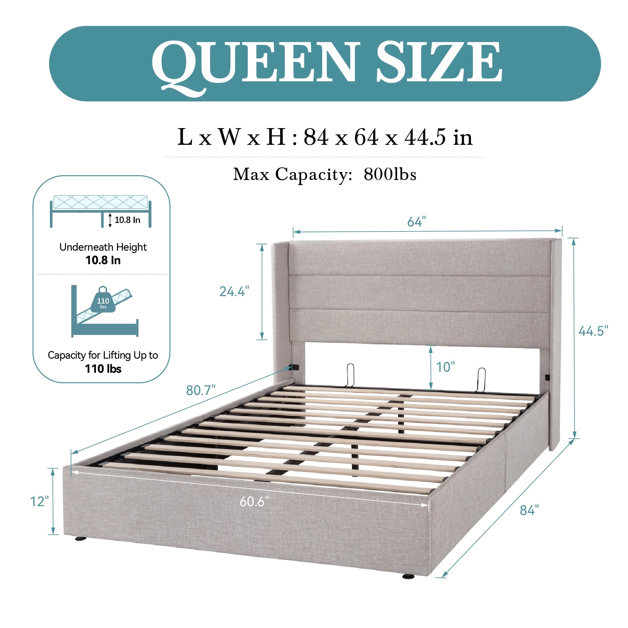 HOOMIC Lift Up Storage Bed With Wingback Headboard Hydraulic Lift
