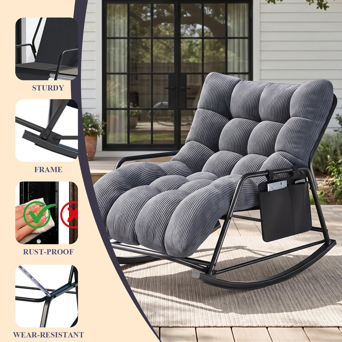 Oversized Long Cushion Rocking Chair with Low Armrest and Fixed Crossbar Footrest, Daily Leisure Patio Furniture, Multi-scene Outdoor Furniture, Practical Outdoor Patio Furniture Set