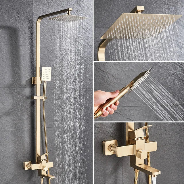 Bathroom Shower Faucet Wall Mounted 8" Shower Set Square Rainfall Hot Cold Water Bath Spout