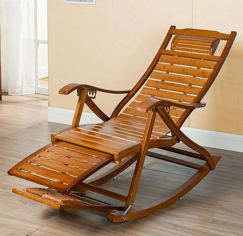 BINGOPAW Heavy Duty Bamboo Adjustable Rocking Lounge Recliner Chair