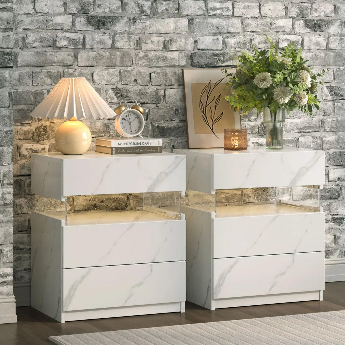 Cubehom LED Bedside Tables with Three Drawers for Bedroom