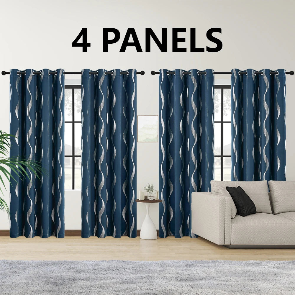 4PCS Blackout Curtains Grommet Thermal Insulated Room Darkening With Wave Foil Printed For Bedroom