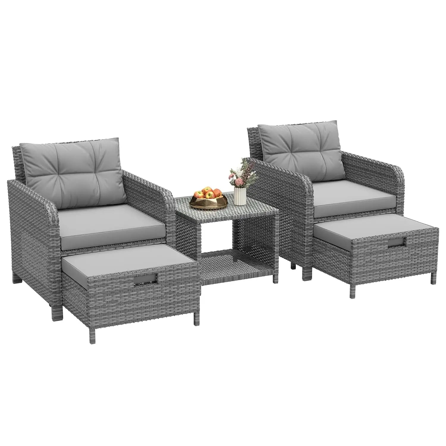 5 Piece PE Outdoor Furniture Set Soft Cushions Coffee Table Hidden Ottoman Porch Lawn Garden Balcony, Customized