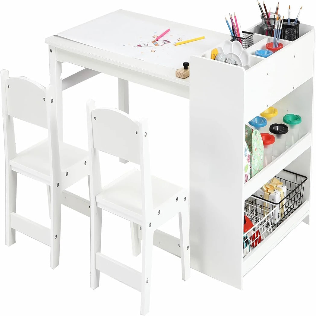 Kids Art Table with 2 Chairs, Toddler Craft Play Wood Activity Desk with Large Storage Shelves for Children&
