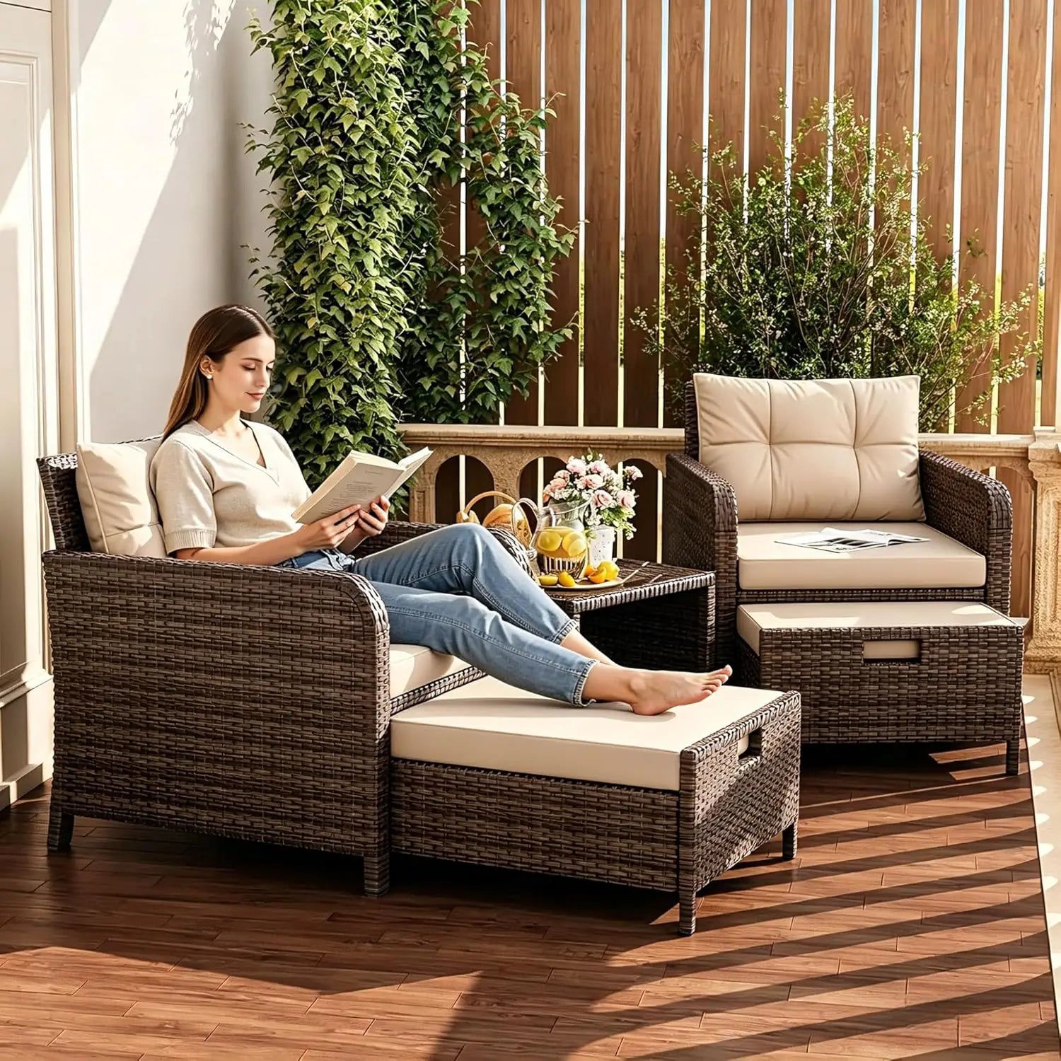 5 Piece PE Outdoor Furniture Set Soft Cushions Coffee Table Hidden Ottoman Porch Lawn Garden Balcony, Customized