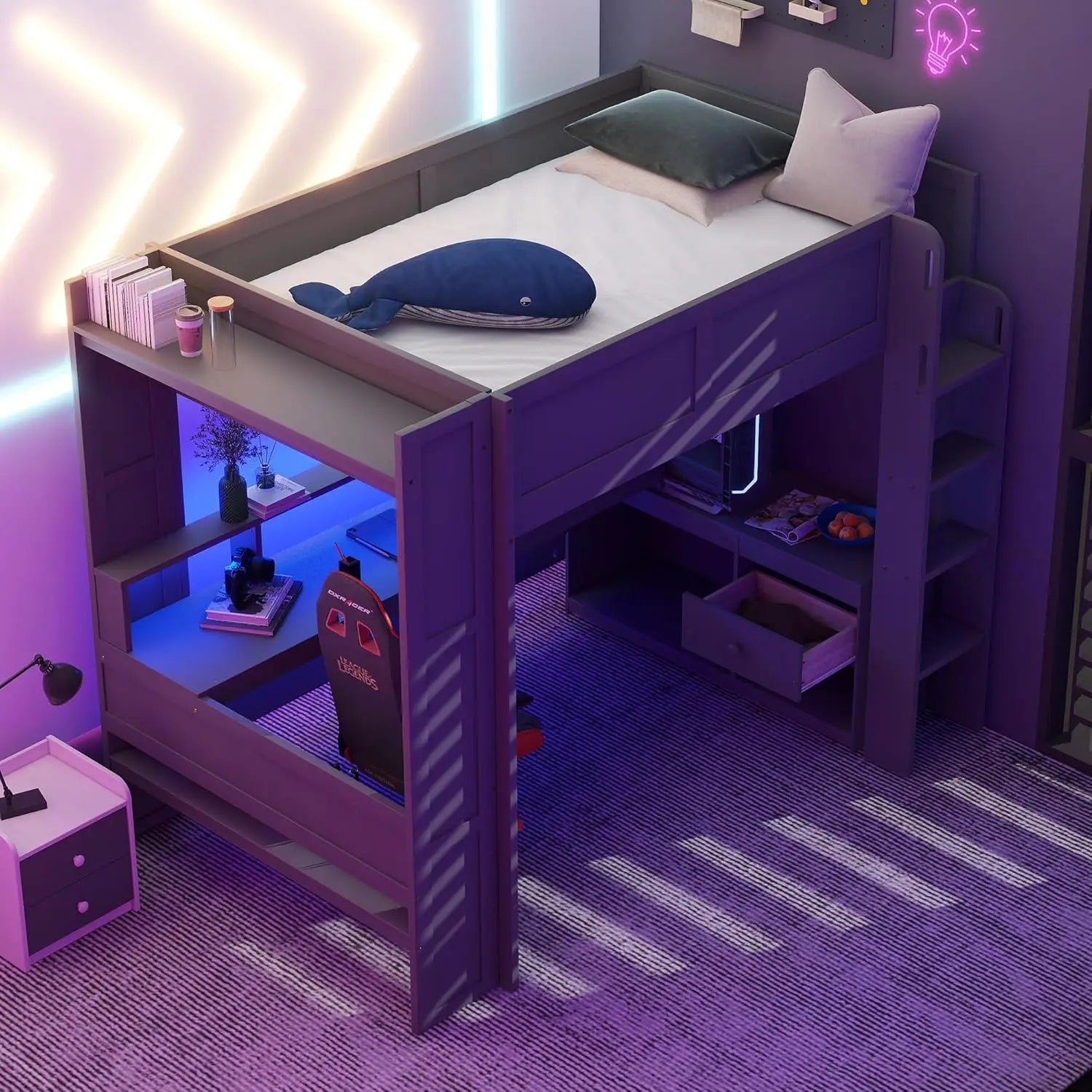 Full Wood Gaming Loft Bed Desk Storage Shelves LED Charging Station Kids Bedroom No Box Spring, Customized
