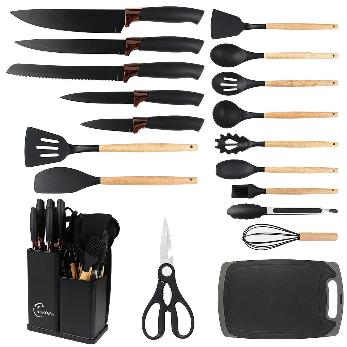 19PCS Silicone Kitchen Utensils Set with Wooden Handle Heat Resistant Nonstick Cooking Tools with Knife Set & Utensil Holder