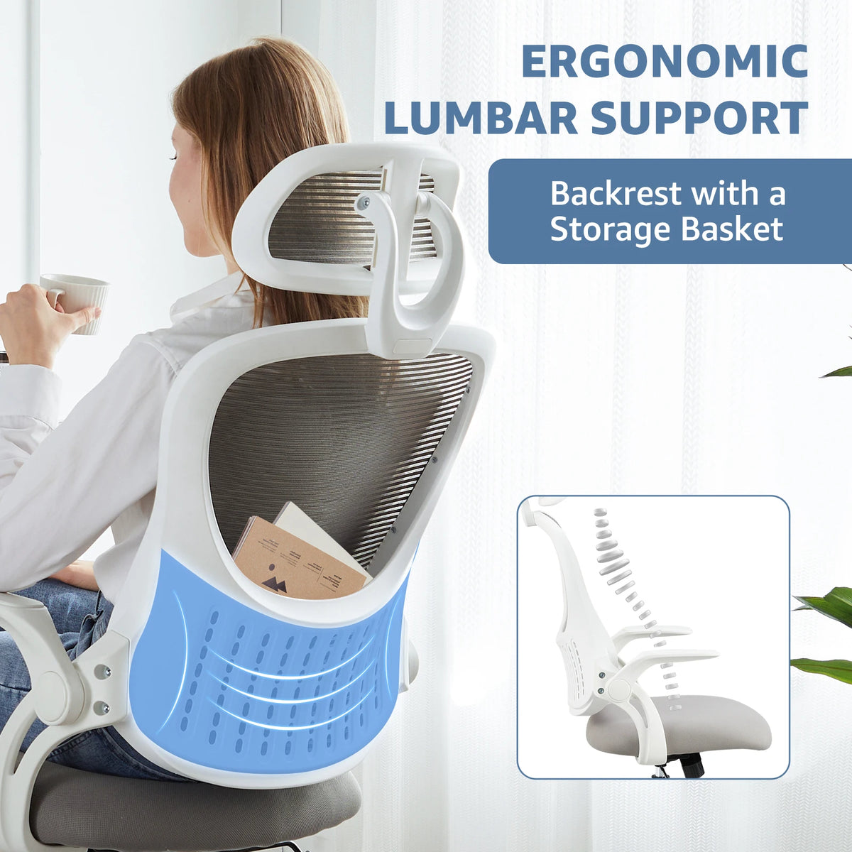 JHK Ergonomic Mesh Office Chair Flip Up Arms Lumbar Support