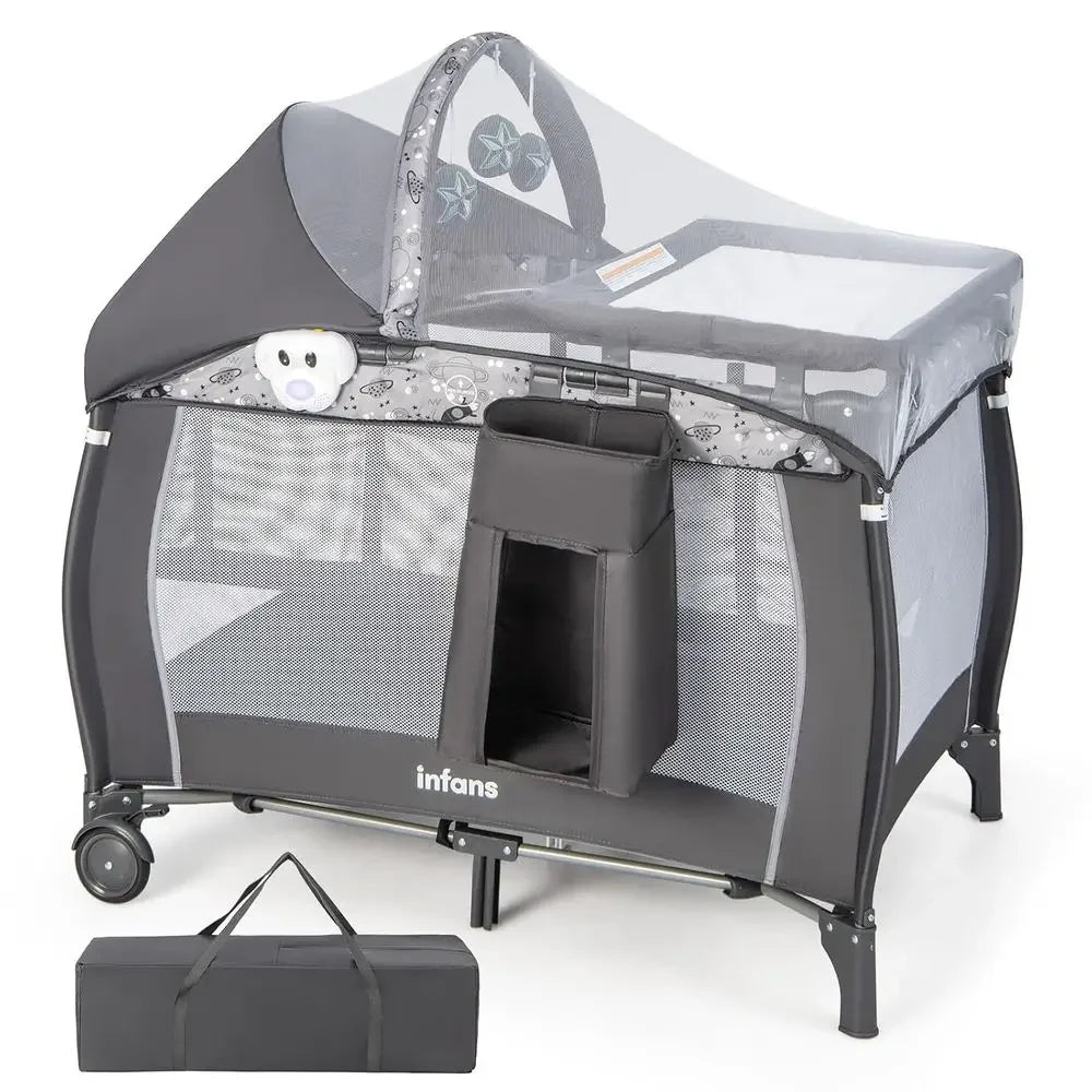 All-in-One Portable Baby Playard with Bassinet, Changing Station, Mosquito Net, Toys, Music, Storage for Toddlers - GreyTime-lim