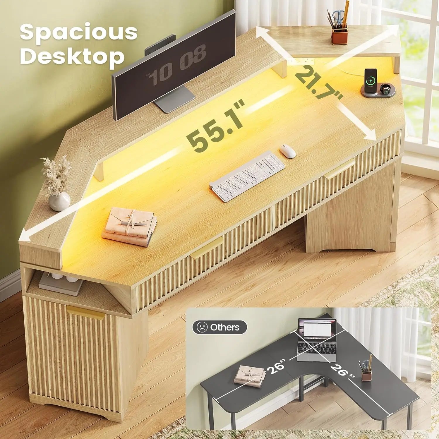 Computer Desk with 2 Drawers, Small Diamond Office Desk with Storage Cabinet for Small Space, Gaming Desk with LED, Customized