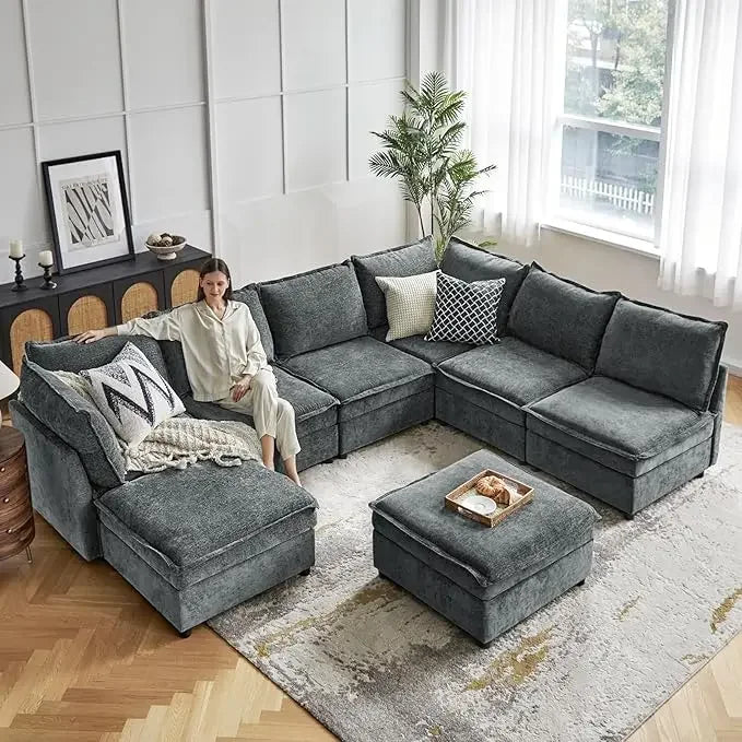 Oversized Modular Sectional Sofa, 8 Seat U Shaped Couch With Storage Ottoman, Extra Deep Seat, Modern Comfy Chenille Sofa,