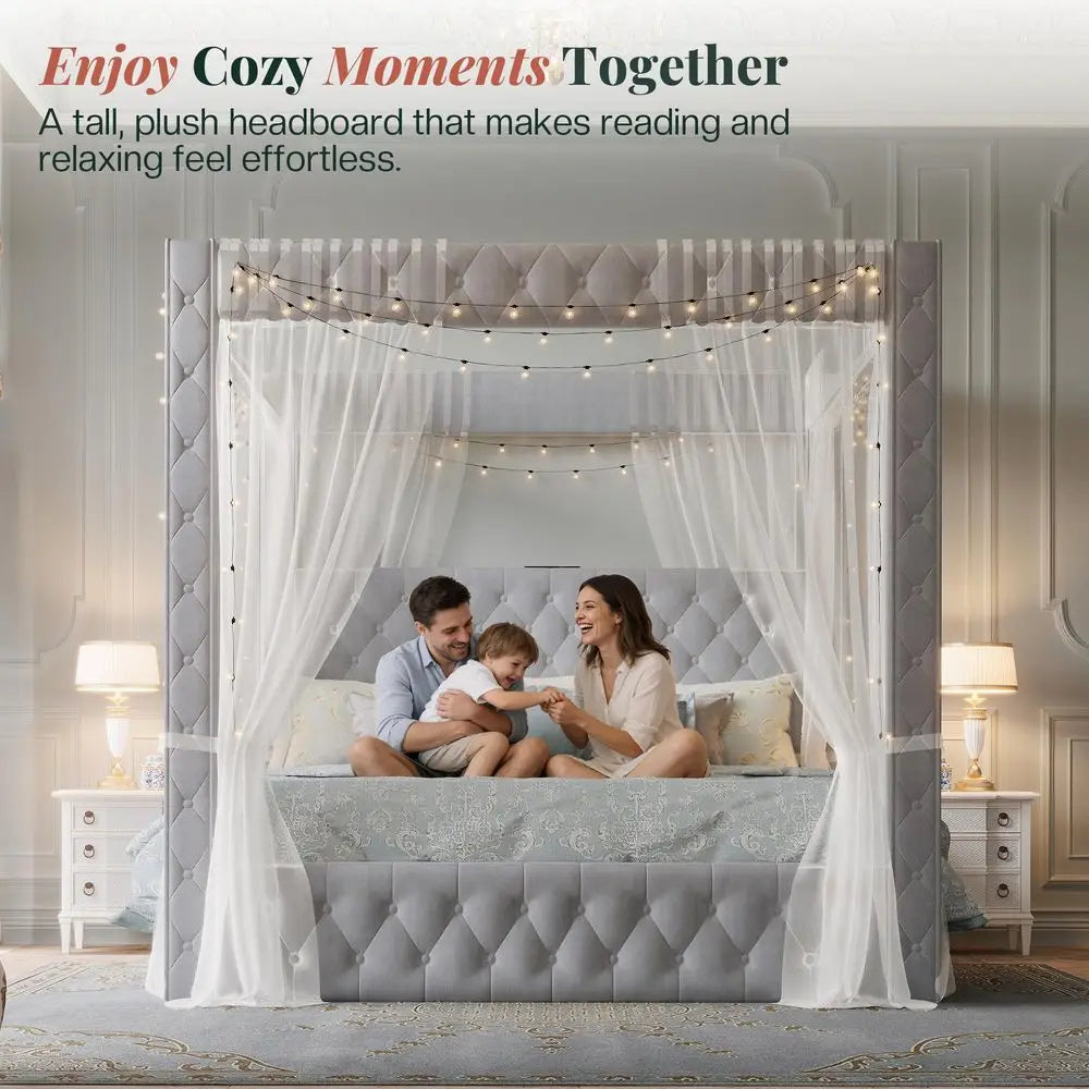 holstered Canopy Bed Frame Queen Size with 74.8 Tall Four Poster and Velvet DeepTufted Tall Headboard with Charging Station M