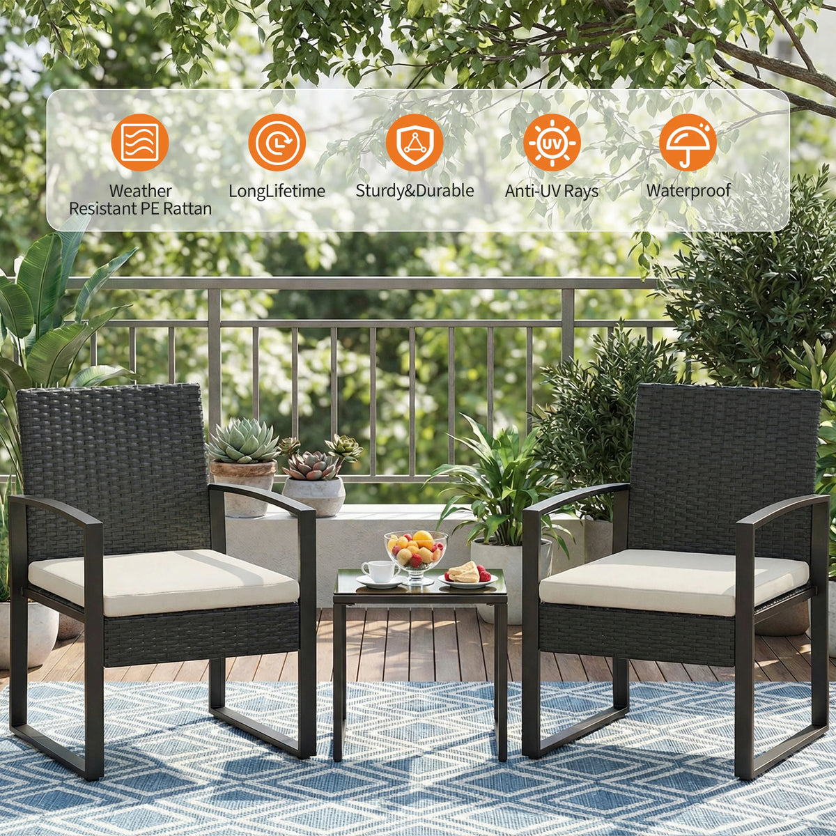 3-Piece PE Rattan Patio Bar Set, Outdoor Bar Height Bistro Table and 2 Stools with Tempered Glass Tabletop, Weather Resistant Wicker Patio Furniture Set, Modern Conversation Bar Set for Garden Balcony Backyard