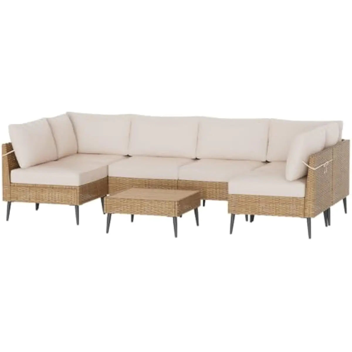 Outdoor sectional rattan sofa set with coffee table and cushions for garden poolside or terrace use weatherproof PE wicker powde