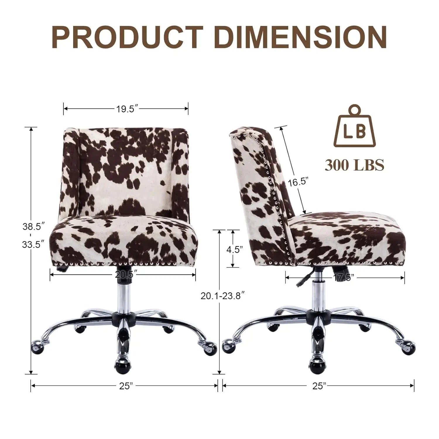Cow Print Adjustable Swivel Fabric Office Chair Armless Upholstered Accent for Home Office Living Room Bedroom, Customized