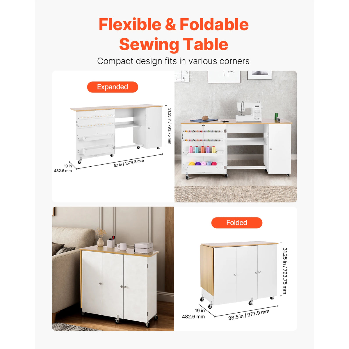 SucceBuy Folding Sewing Table With Cabinet And Charging Station For Home
