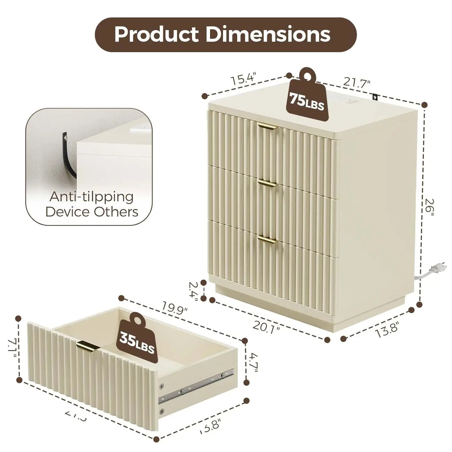 3 Drawer Charging Bedside Table Large Fluted Modern Bedroom End Table Set Of 2, Customized