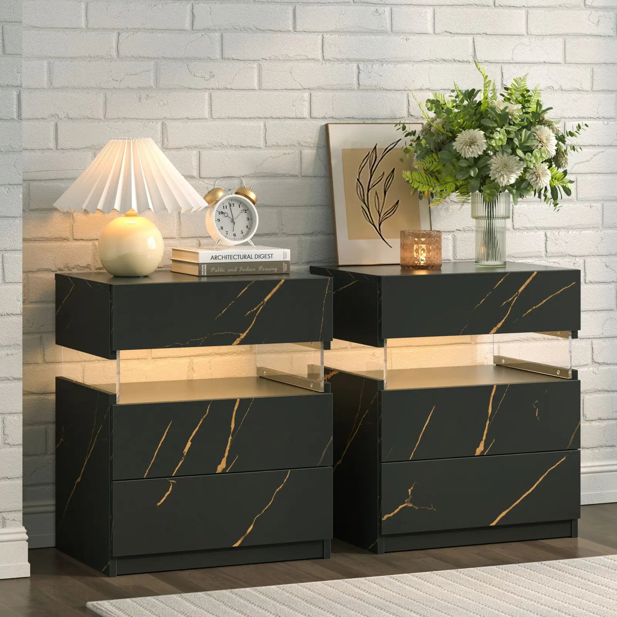 Cubehom LED Bedside Tables with Three Drawers for Bedroom