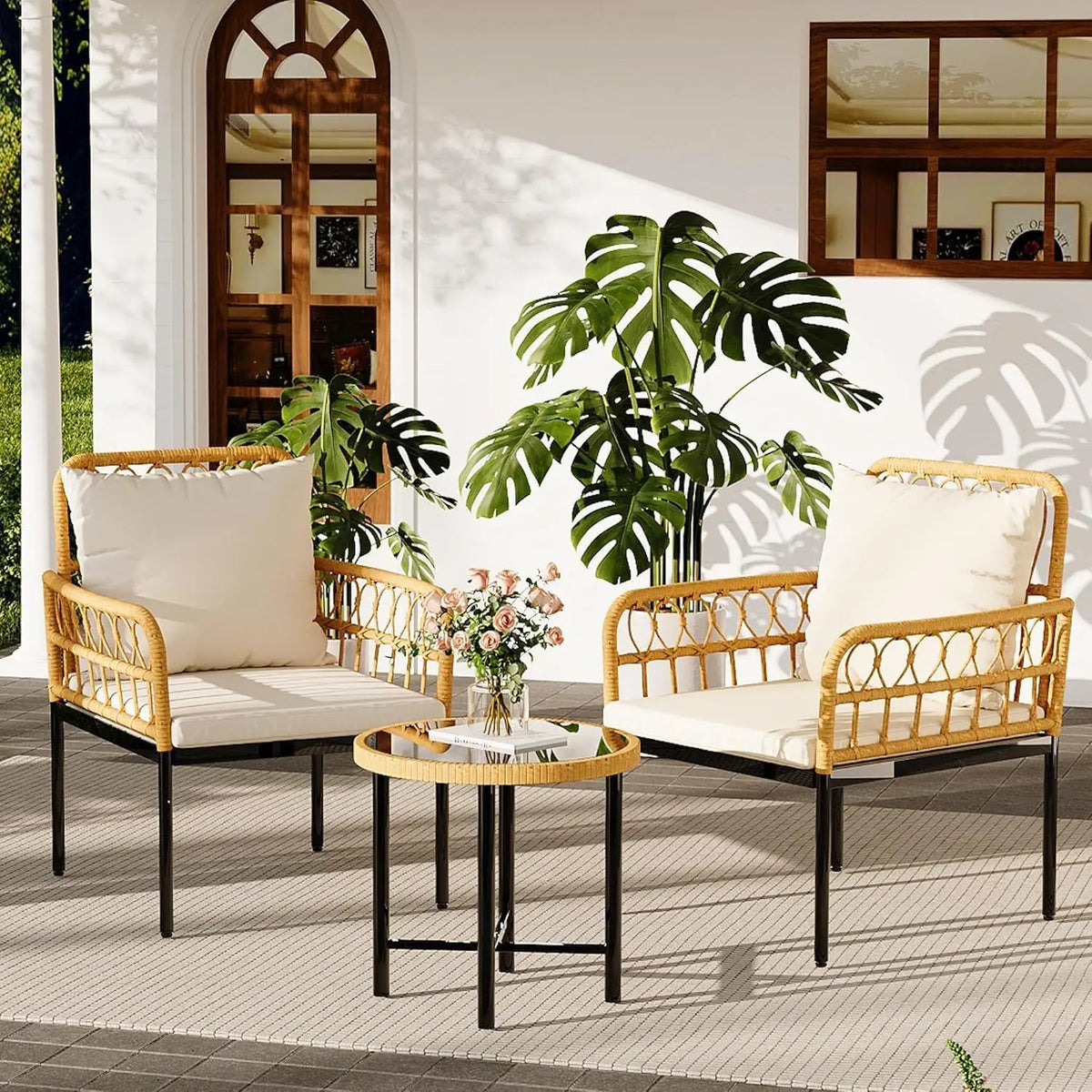 3-Piece All-Weather Boho Wicker Rattan Patio Furniture Set with Sectional Sofa, Metal Frame, and Detachable Cushions - Ideal for Patio, Balcony, Backyard, Deck, and Poolside in Beige