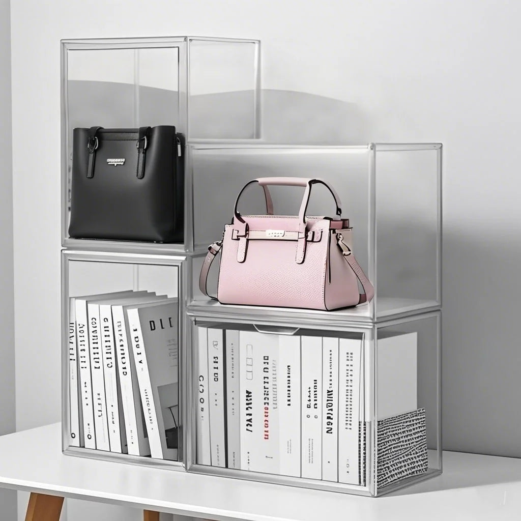 Clear Display Box Organizer Stackable with Magnetic Door Large Capacity Storage Box Purse Showcase For Makeup Book Collectibles