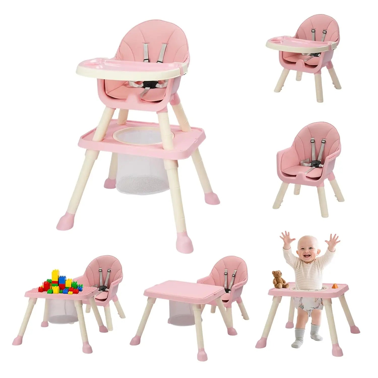 7-in-1 Convertible High Chair for Babies and Toddlers with Storage Basket in Pink