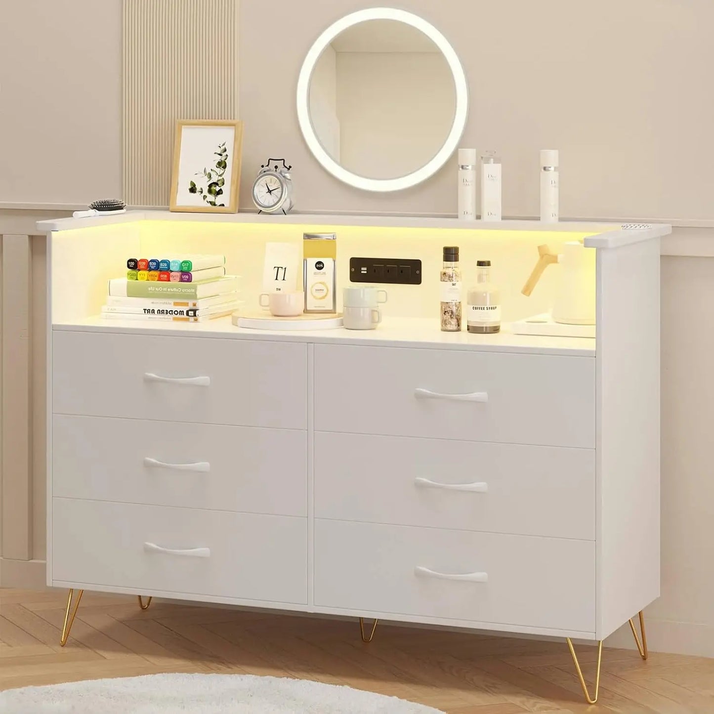 Pink Dresser with LED Light for Bedroom 6 Drawer Dressers with Charging Station Chests of Drawers Sturdy Steel Frame Wooden Top