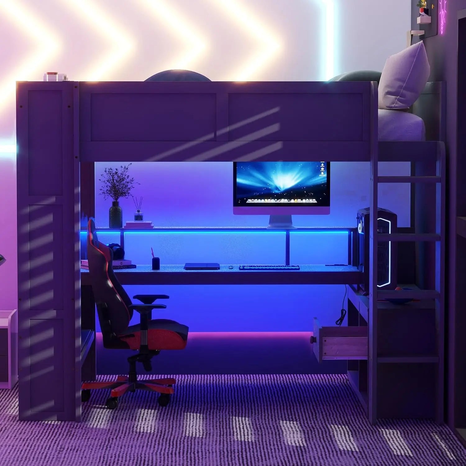 Full Wood Gaming Loft Bed Desk Storage Shelves LED Charging Station Kids Bedroom No Box Spring, Customized