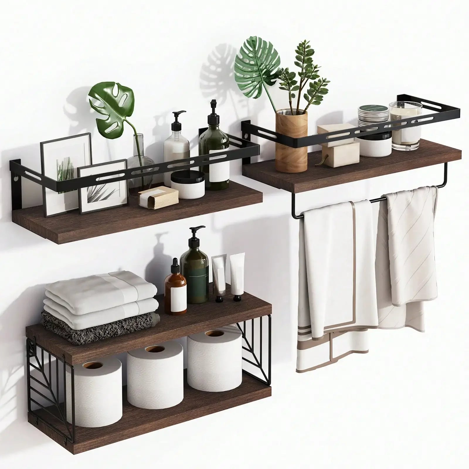 Tomnk Wall Mounted Bathroom Shelves Over Toilet, Rustic Wood Floating Shelves With Metal Frame And Towel Bar For Bathroom, Kitch