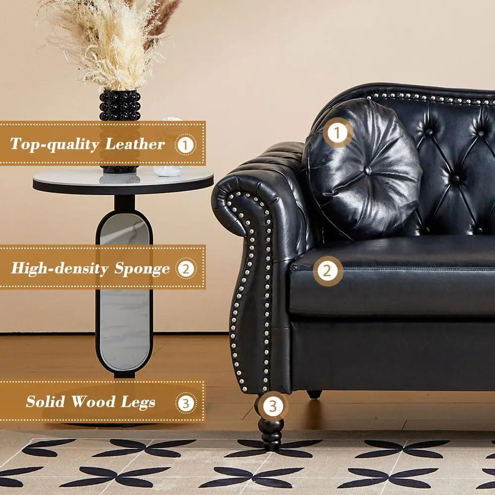 Black Mid-Century Modern 2-Seater Loveseat with Deep Button Tufting and Throw Pillows