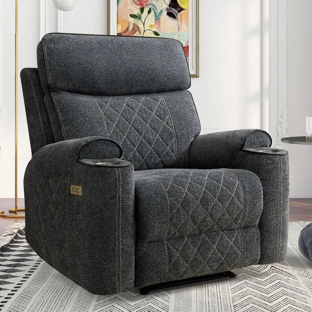 Grey Fabric Power Recliner with Metal Cup Holders, Heavy Duty Sofa Chair for Living Room or Bedroom