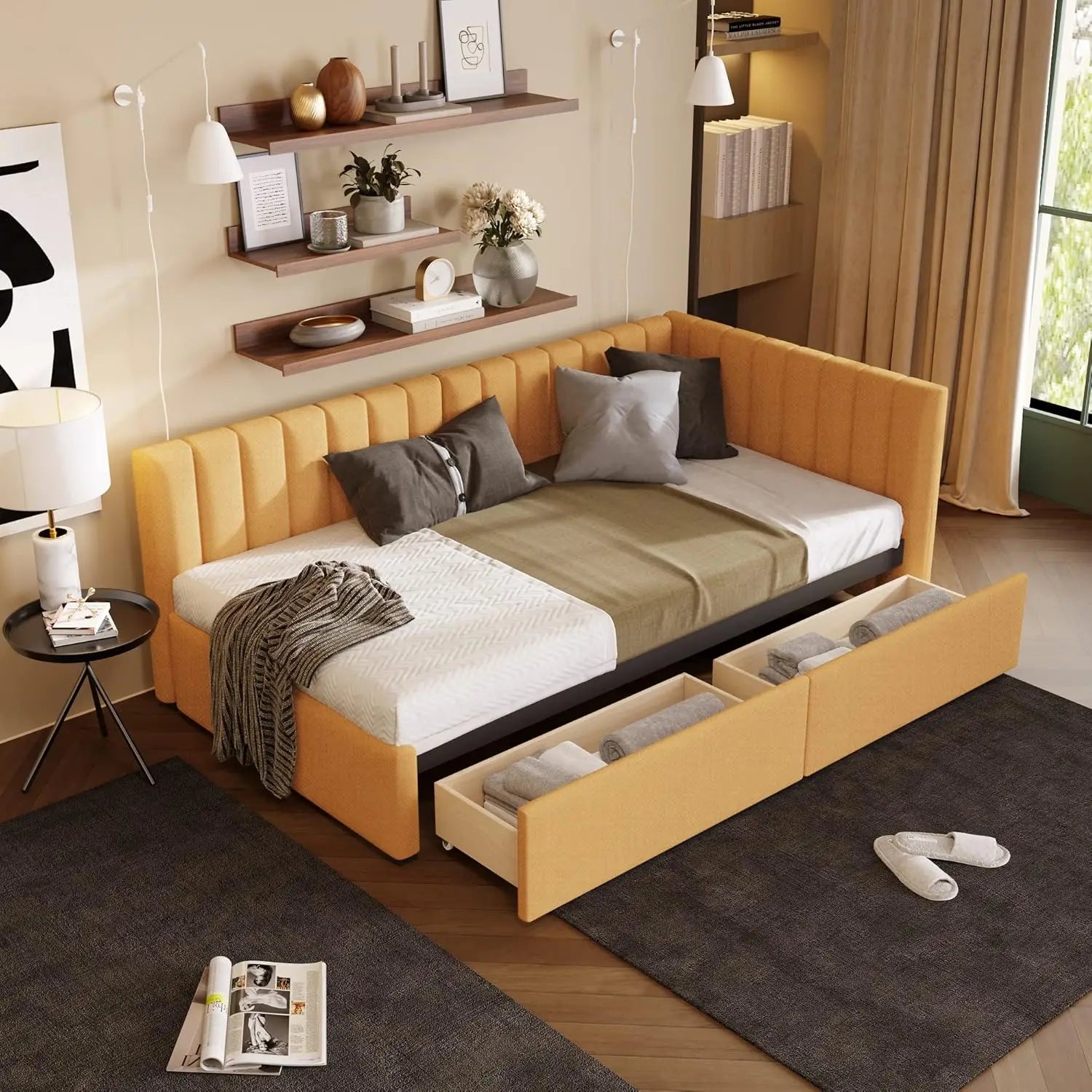 Twin Size Daybed, Upholstered Twin Daybed with 2 Storage Drawers, Linen Fabric Twin Size Sofa Bed Frame, No Box, Customized