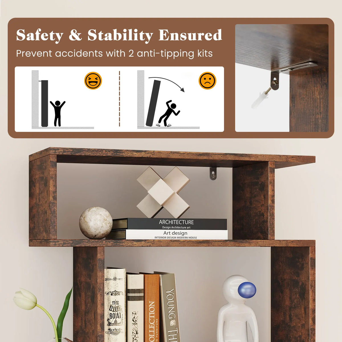 HOMASIS S-Shaped Geometric Storage Bookshelf Bookcase With Anti-Tip Safety Kit