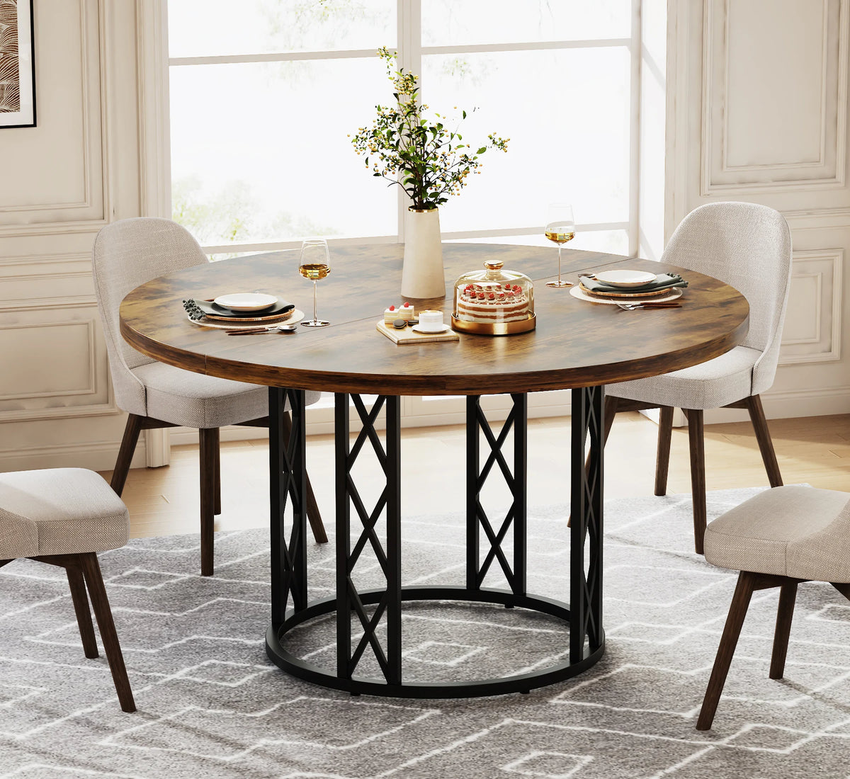 Tribesigns Round Dining Table for 4-6 People, 47-Inch Farmhouse Dinning Room Table Circle Kitchen Table, Industrial Dinner Table