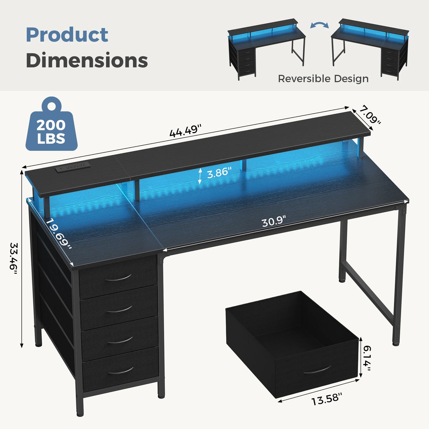 JHK Gaming Computer Desk With Storage Drawers And LED Lights