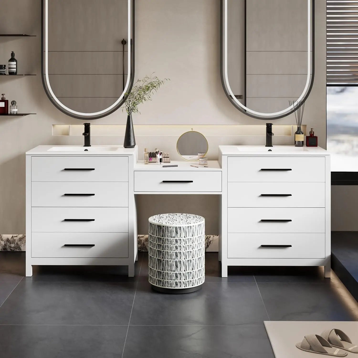 84" Modern Bathroom Vanity Sink Combo with 24" Makeup Desk 30" Dual Basins Faucets Drains White Customized