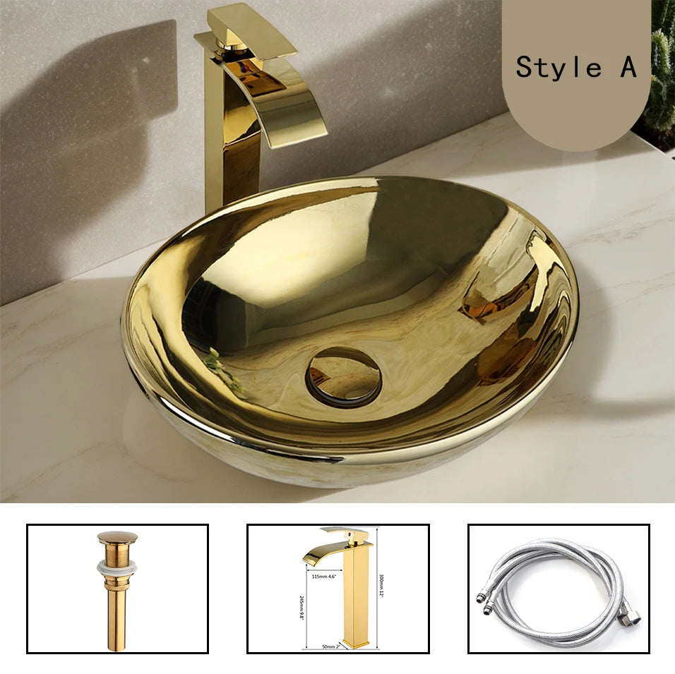 YANKSMART OUBONI Ceramic Luxury Bathroom Vessel Sink Set With Brass Faucet