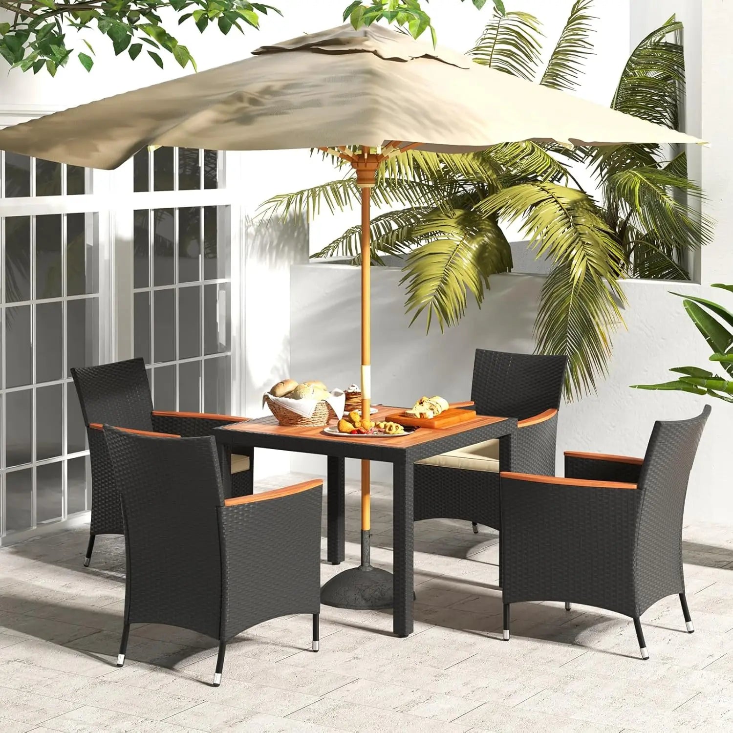 5 Pieces Rattan Outdoor Dining Set for 4,Outdoor Acacia Wood Table Set with 4Cushioned Wicker Chairs,Patio Dining Furniture Sets