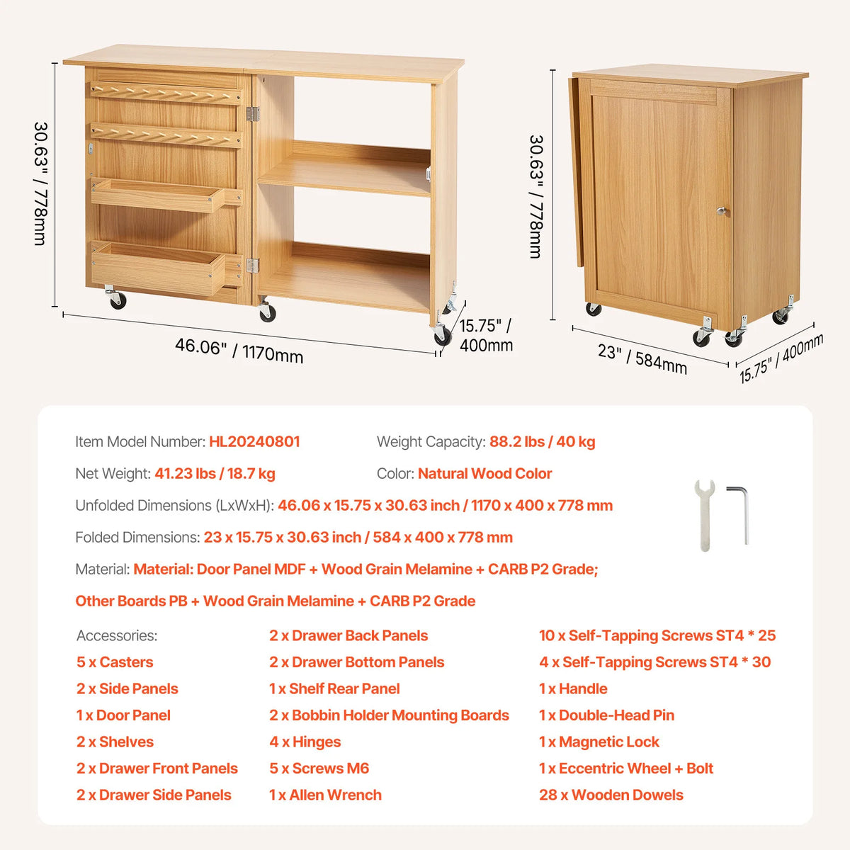 SucceBuy Folding Sewing Machine Table with Wheels and Storage Shelves