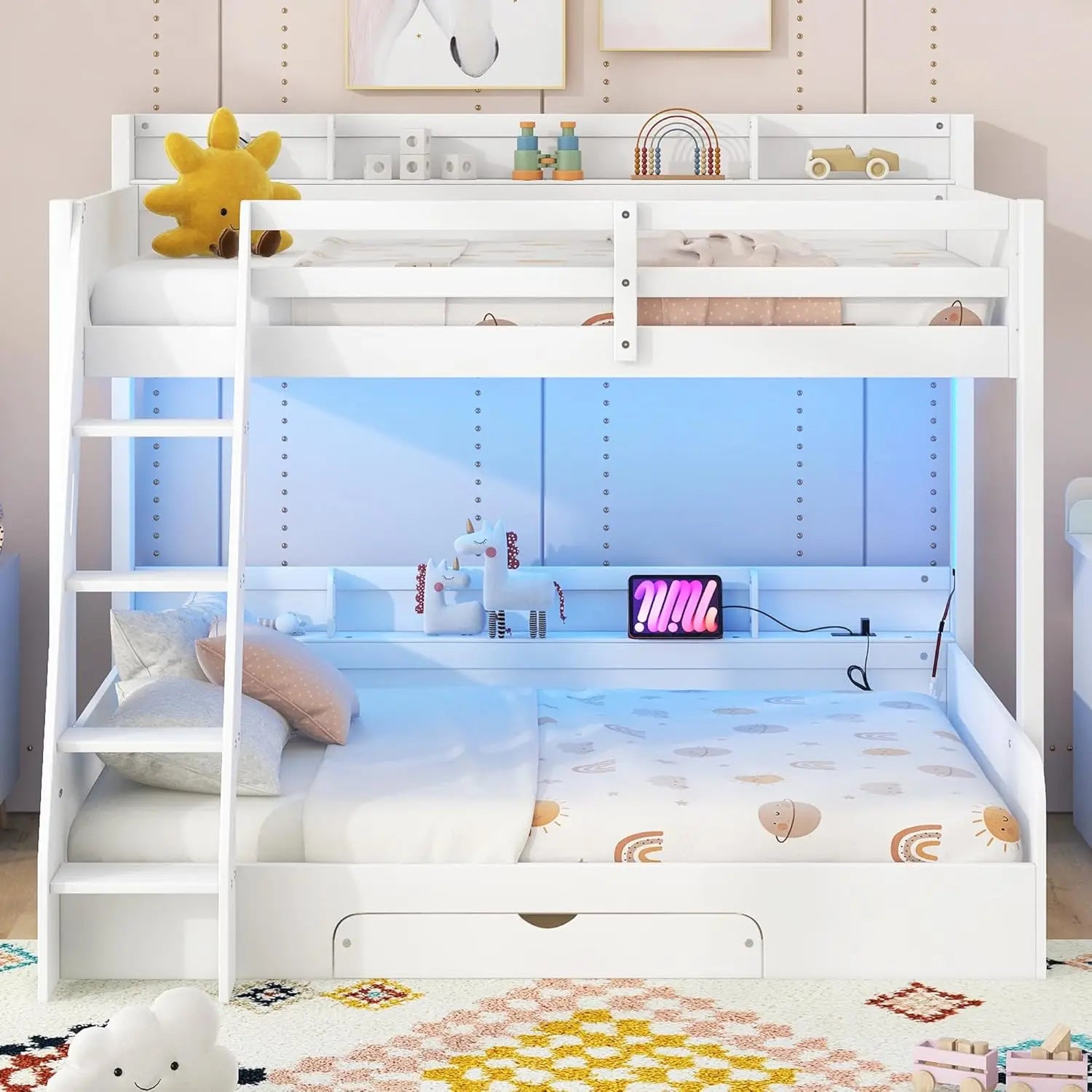 Twin Over Full Bunk Bed with Storage Shelves LED Charging Station & Drawer Solid Wood for Kids Teens Adults White, Customized