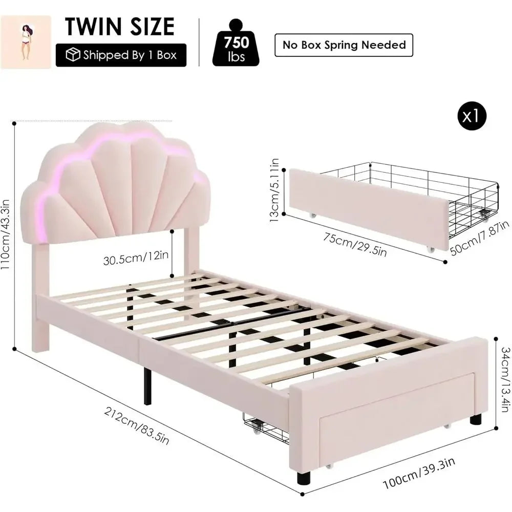 Upholstered LED Bed with Storage, Adjustable Headboard, Solid Wood Slats, No Box Spring Needed, Pink for Girls/Kids