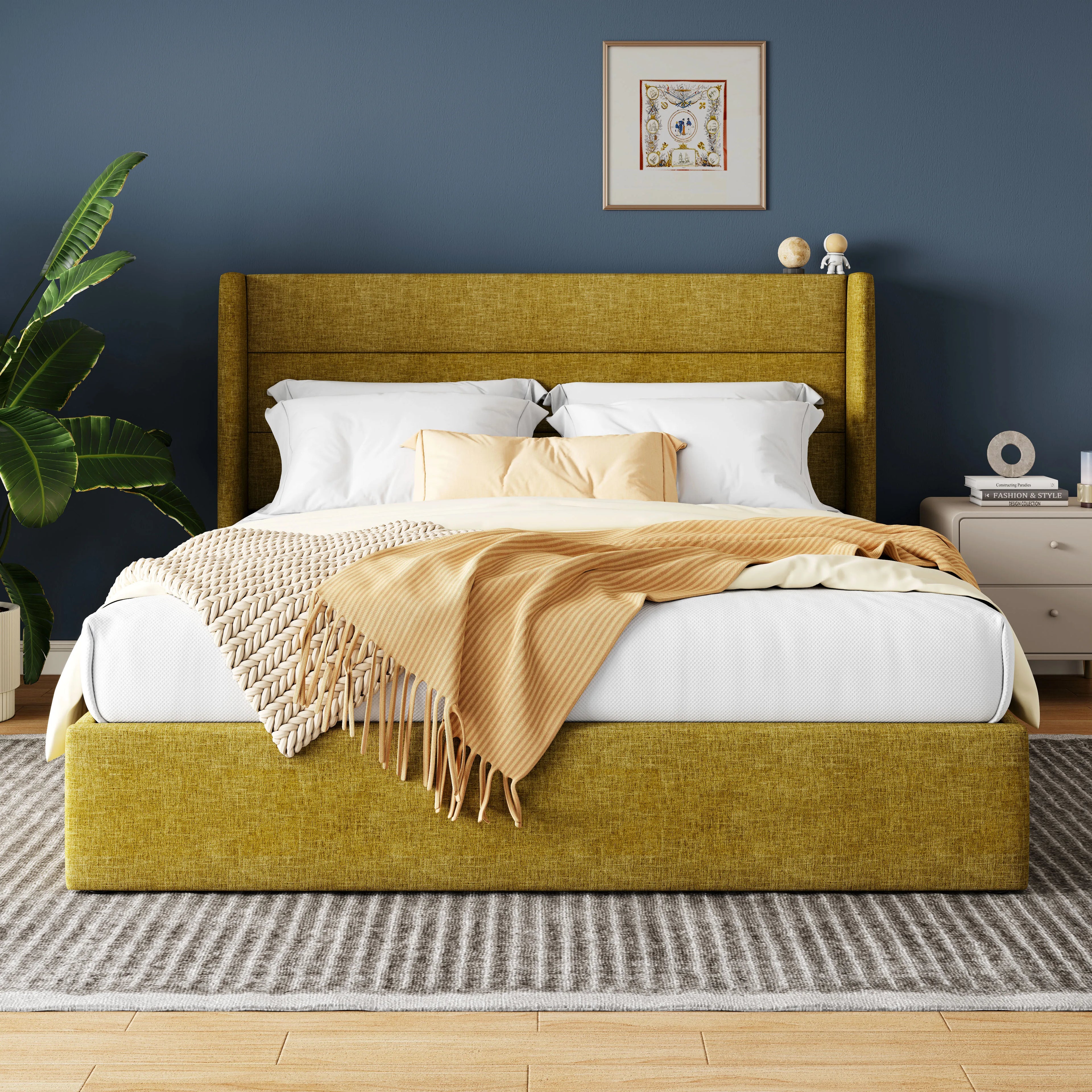 HOOMIC Lift Up Storage Bed With Wingback Headboard Hydraulic Lift
