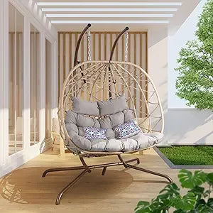 Outdoor Egg Swing Chair with Stand, 2 Person Patio Swing Chairs with Thick Cushions and Pillows, Wicker Double Egg Chair Swing